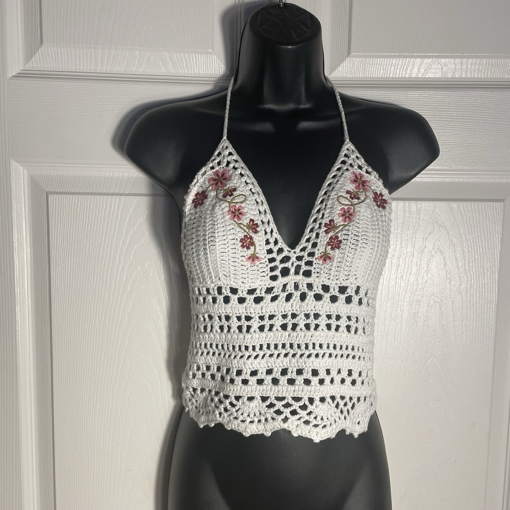 Dolls Kill Delias White Crochet Halter Top Women‎ XXS Floral Embroiderd Festival
